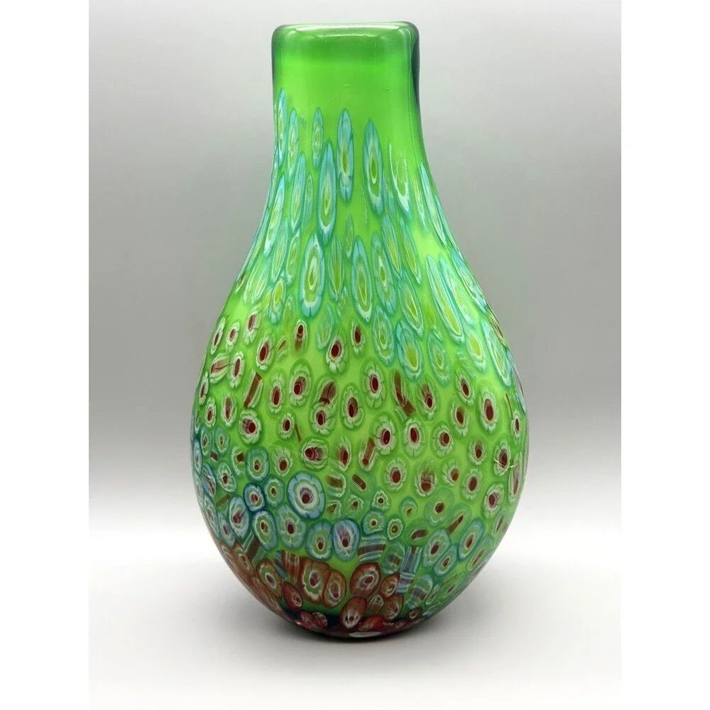 VTG DS Studio Green Peacock Eye Murrine Glass Vase Millefiori Murano Style 12.5